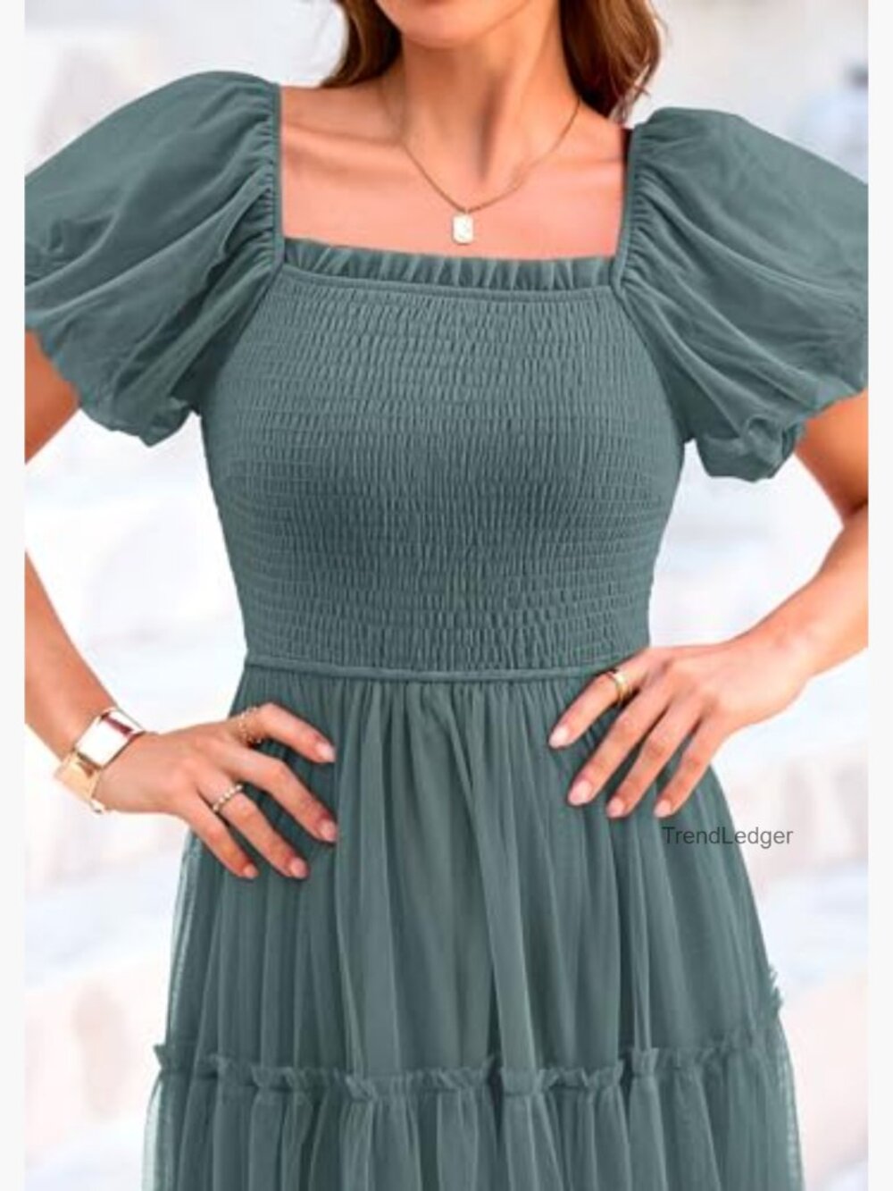 Smocked Midi Tulle Dress Puffy Sleeves Square Neck Wedding Guest Party - Picture 5 of 7